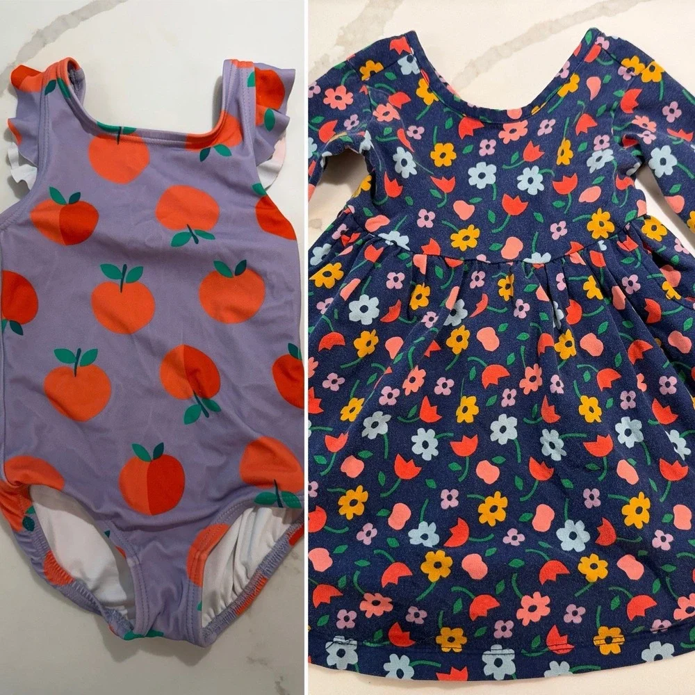 Hanna Andersson Lot Of 2 Swim Suit Skater Dress 2T Apples Flowers Play date